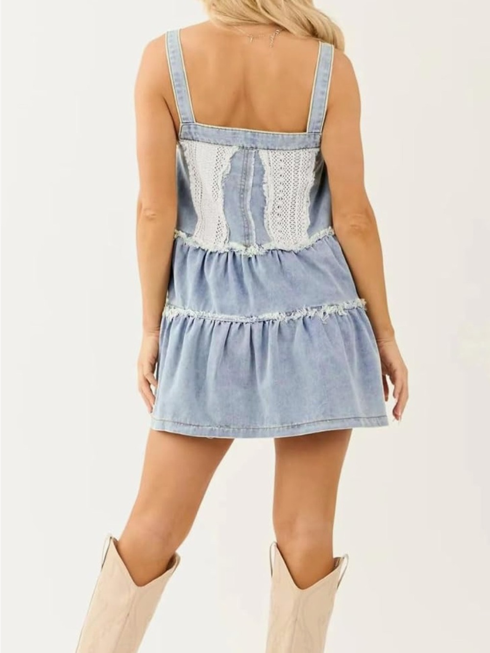 Denim Overall Lace Detail tiered Dress Mini - Picture 5 of 6